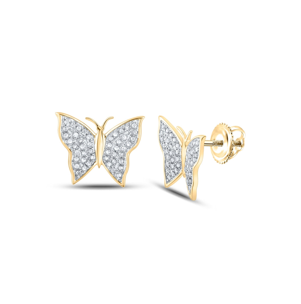 10K White Or Yellow Gold Womens Round Diamond Butterfly Bug Earrings