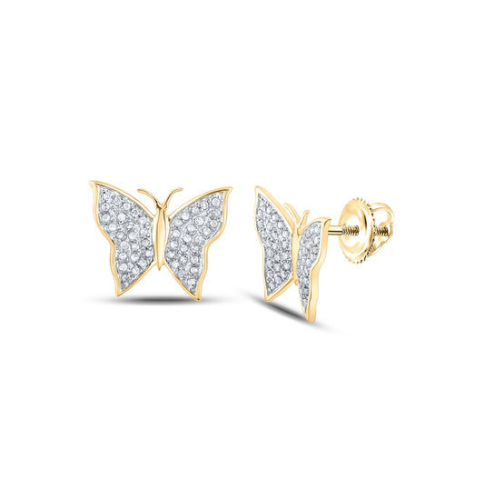 10K White Or Yellow Gold Womens Round Diamond Butterfly Bug Earrings