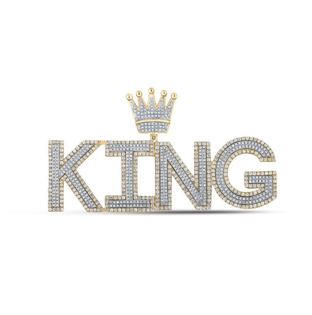 10K Two-tone Gold Mens Round Diamond King Crown Phrase Charm Pendant 3 Cttw, Length: 1.55 In, Width: 2.83 In
