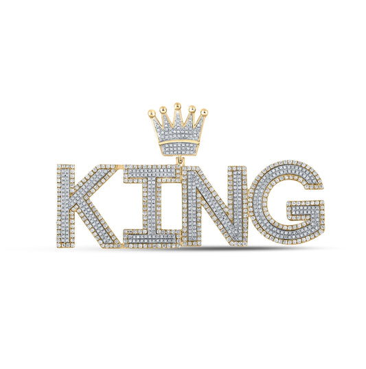 10K Two-tone Gold Mens Round Diamond King Crown Phrase Charm Pendant 3 Cttw, Length: 1.55 In, Width: 2.83 In