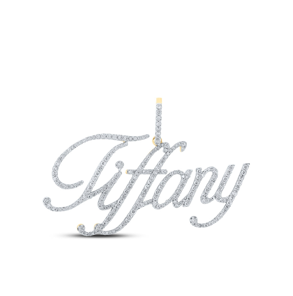 10K Yellow Gold Womens Round Diamond Tiffany Name Pendant 1 Cttw, Length: 1.43 In, Width: 1.69 In