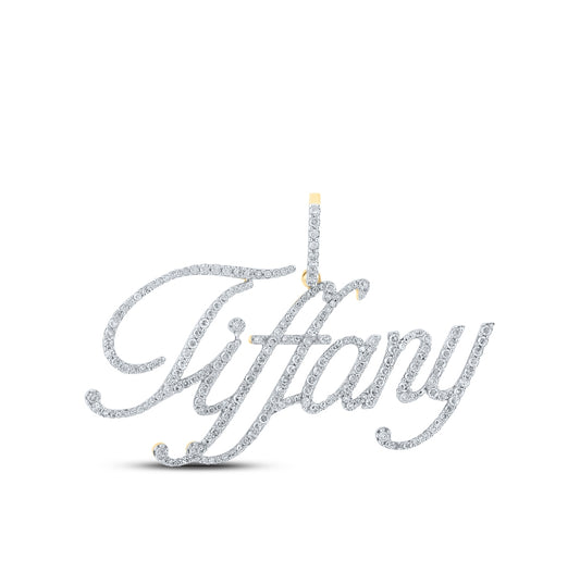 10K Yellow Gold Womens Round Diamond Tiffany Name Pendant 1 Cttw, Length: 1.43 In, Width: 1.69 In