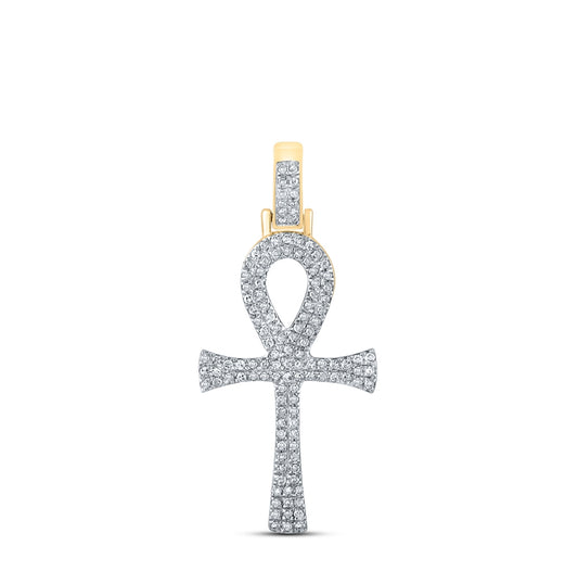 10K Yellow Gold Mens Round Diamond Ankh Cross Charm Pendant 1/3 Cttw, Length: 1.31 In, Width: 0.6 In