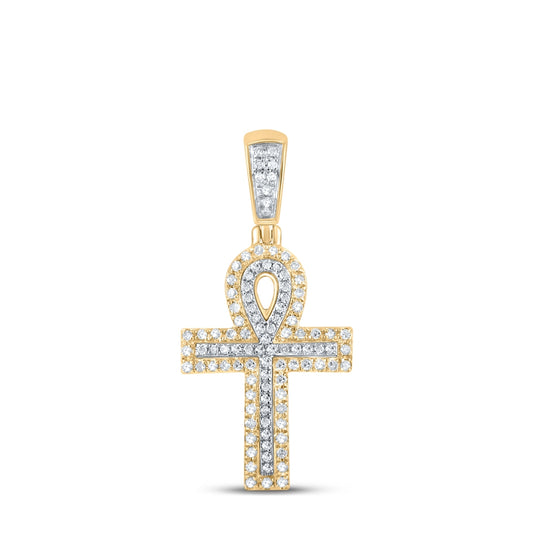 10K Two-tone Gold Mens Round Diamond Ankh Cross Charm Pendant 1/4 Cttw, Length: 1.14 In, Width: 0.52 In
