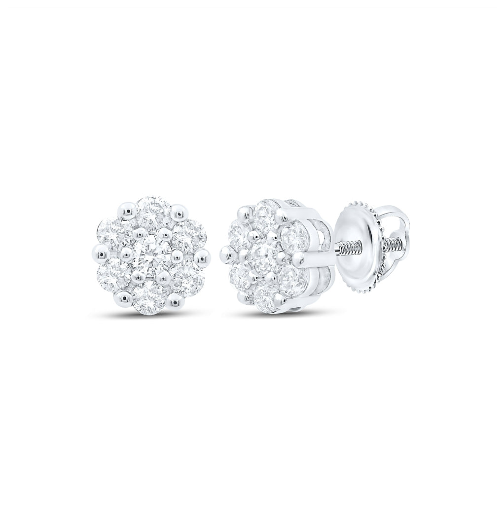 10K Yellow Or White Or Rose Gold Womens Round Diamond Flower Cluster Earrings