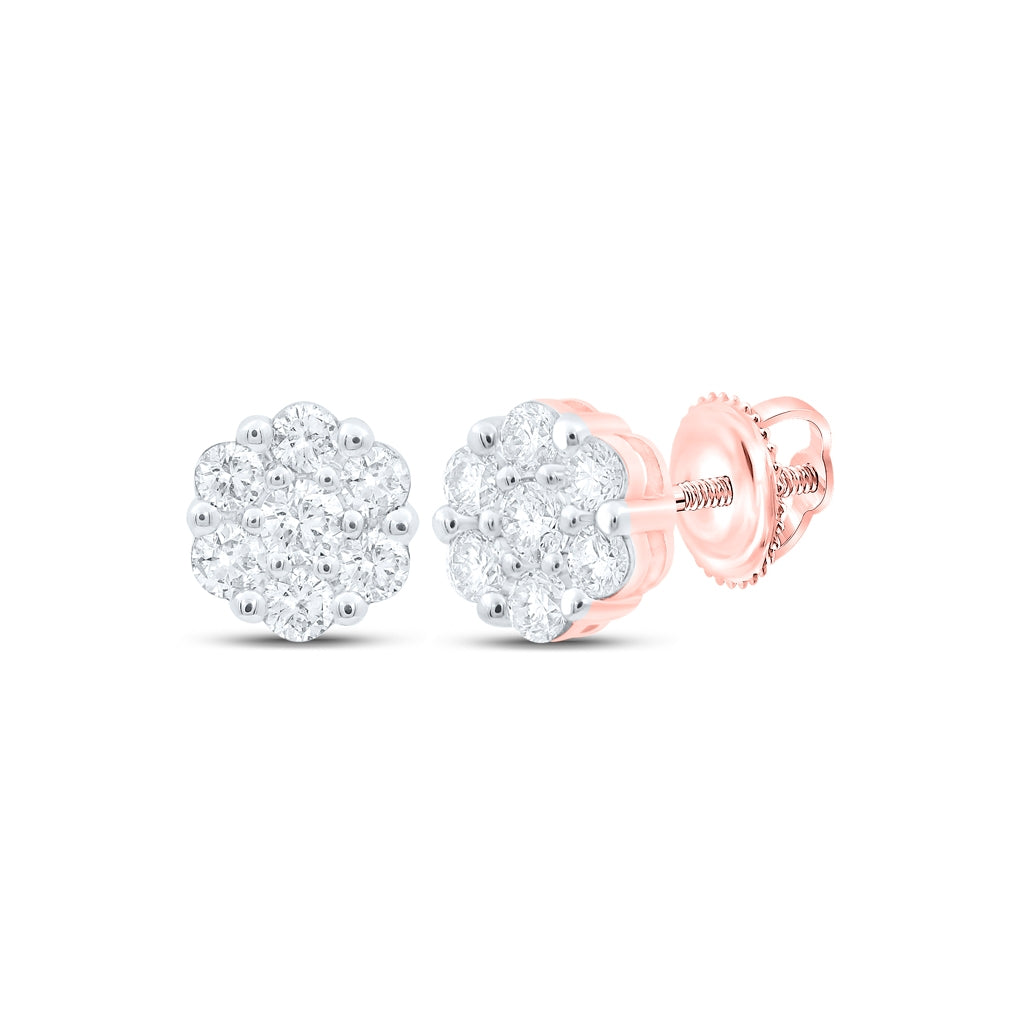10K Yellow Or White Or Rose Gold Womens Round Diamond Flower Cluster Earrings