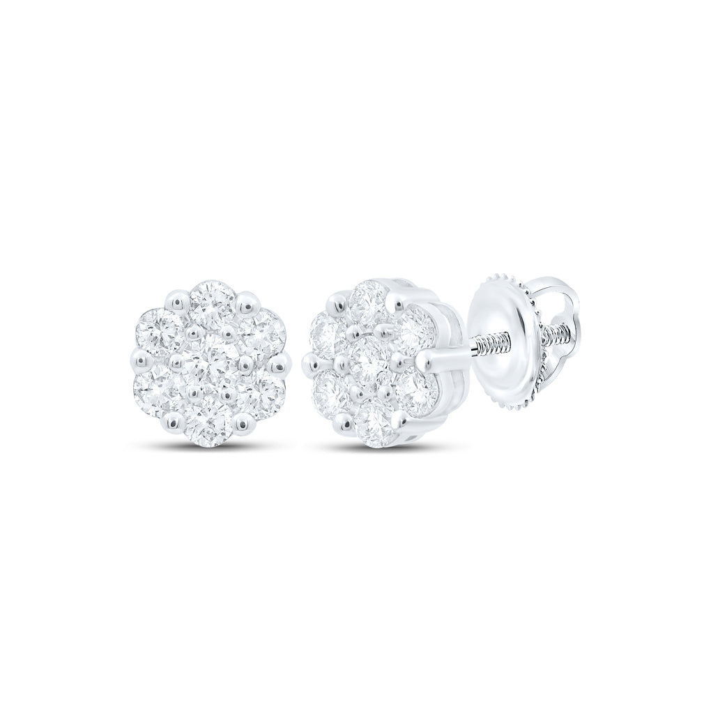 14K White Or Yellow Gold Womens Round Diamond Flower Cluster Earrings