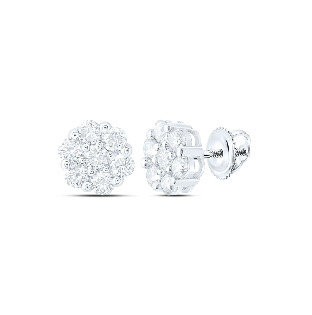 14K White Gold Womens Round Diamond Flower Cluster Earrings 1-1/2 Cttw, Length: 0.35 In, Width: 0.35 In