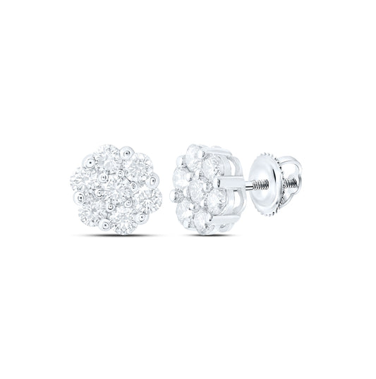 14K White Gold Womens Round Diamond Flower Cluster Earrings 1-1/2 Cttw, Length: 0.35 In, Width: 0.35 In
