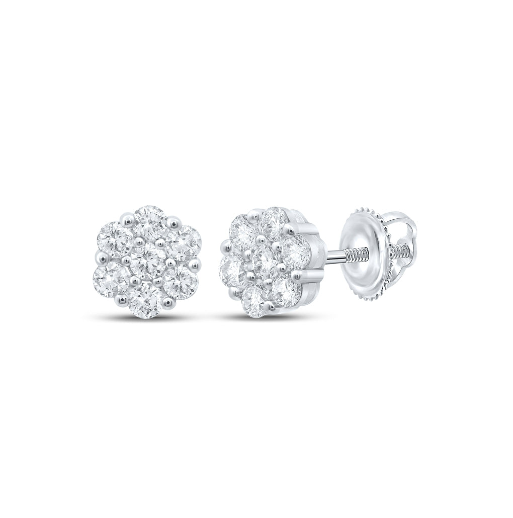 14K White Gold Womens Round Diamond Flower Cluster Earrings 1-3/4 Cttw