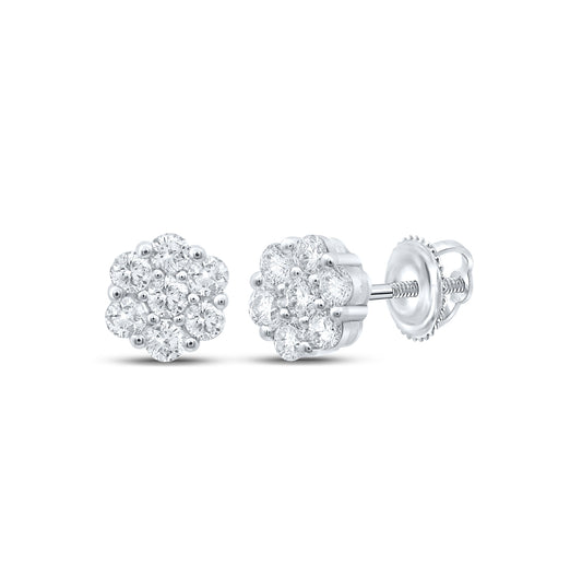 14K White Gold Womens Round Diamond Flower Cluster Earrings 1-3/4 Cttw