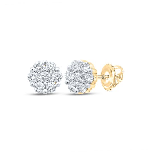 14K White Or Yellow Gold Womens Round Diamond Flower Cluster Earrings