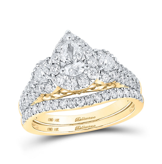 14K Yellow Gold Pear Diamond Halo Bridal Wedding Ring Band Set 1-1/2ctw, Womens Size: 5-10