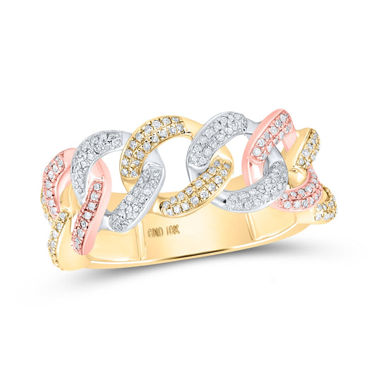 10K Tri-Tone Gold Mens Round Diamond Cuban Link Band Ring 1/2 Cttw, Mens Size: 7-13