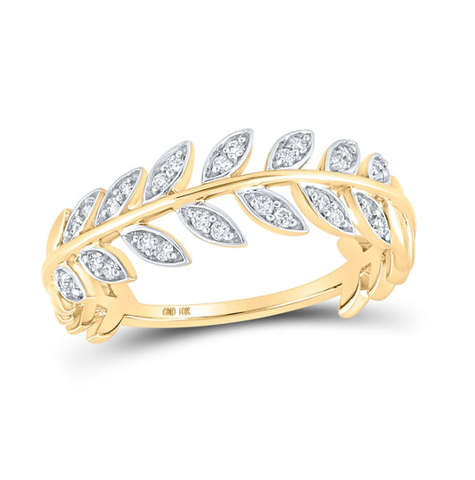 10K Yellow Gold Womens Round Diamond Vine Leaf Stackable Band Ring 1/8 Cttw, Womens Size: 5-10