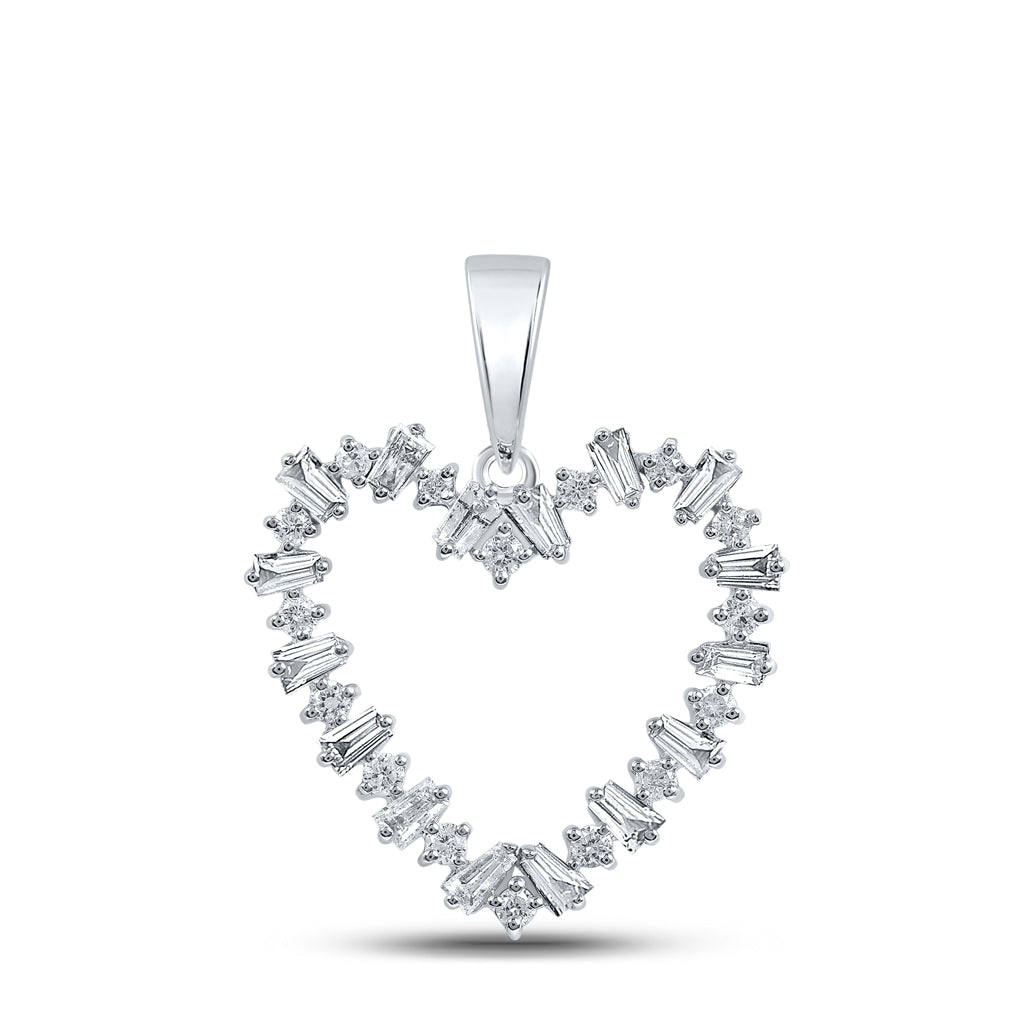 10K White Gold Womens Baguette Diamond Heart Pendant 1/3 Cttw