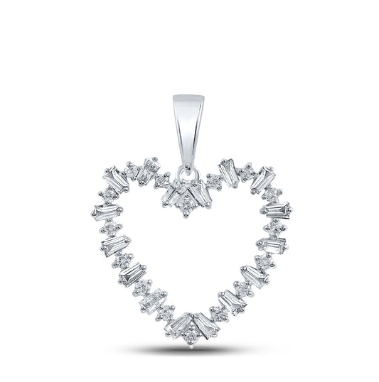 10K White Gold Womens Baguette Diamond Heart Pendant 1/3 Cttw