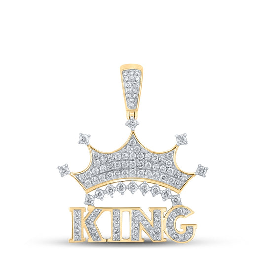10K Yellow Gold Mens Round Diamond King Crown Phrase Charm Pendant 7/8 Cttw, Length: 1.38 In, Width: 1.1 In