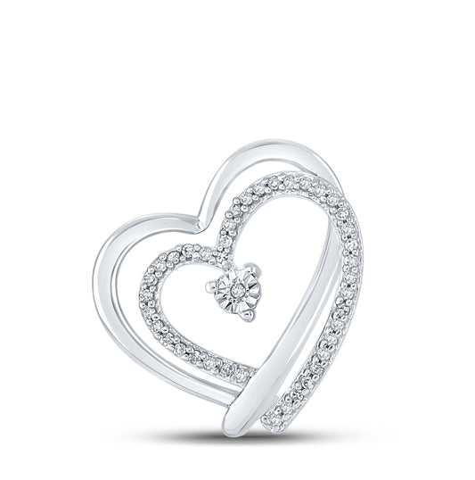 Sterling Silver Womens Round Diamond Heart Pendant 1/12ctw