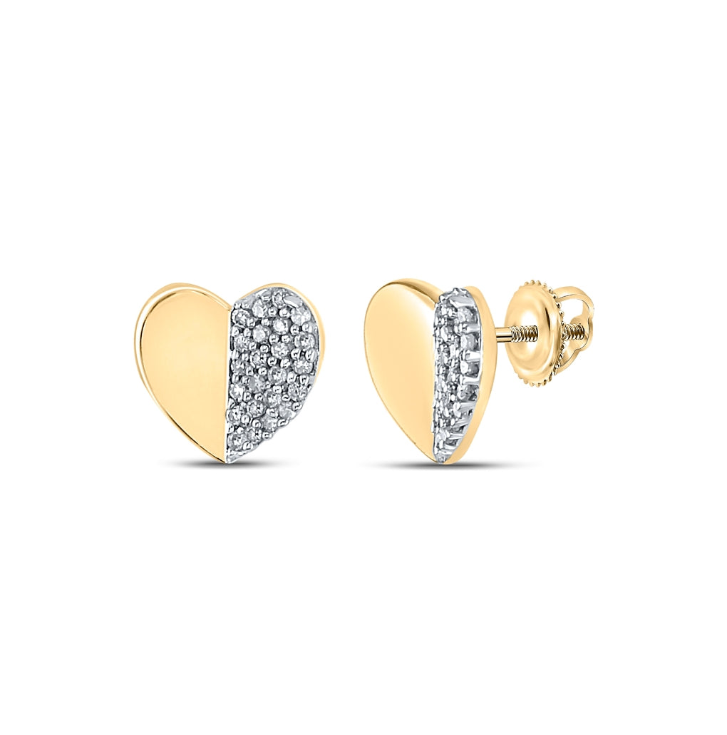 10K Yellow Gold Womens Round Diamond Heart Earrings 1/8 Cttw
