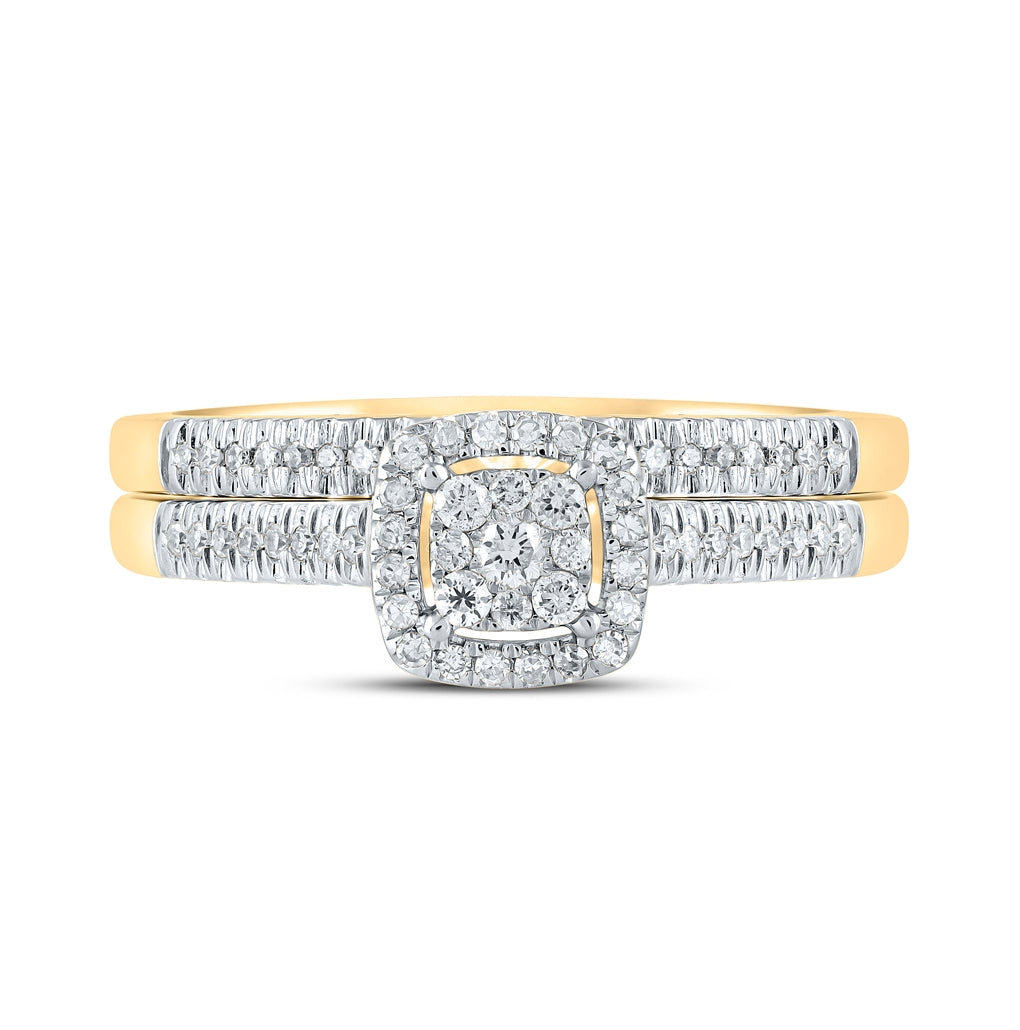 10K Yellow Gold Round Diamond Halo Bridal Wedding Ring Band Set 1/4 Cttw, Womens Size: 5-10