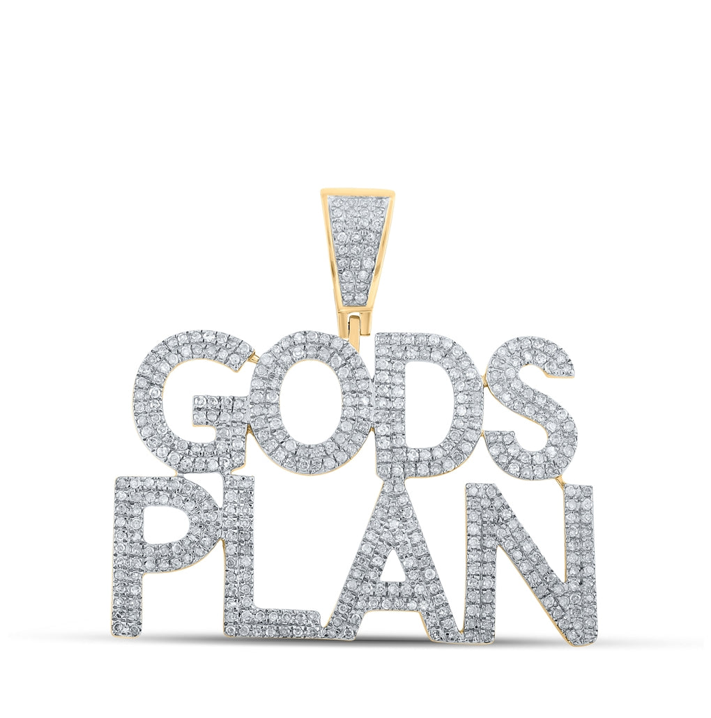 10K Yellow Gold Mens Round Diamond Gods Plan Phrase Charm Pendant 1 Cttw, Length: 1.39 In, Width: 1.45 In