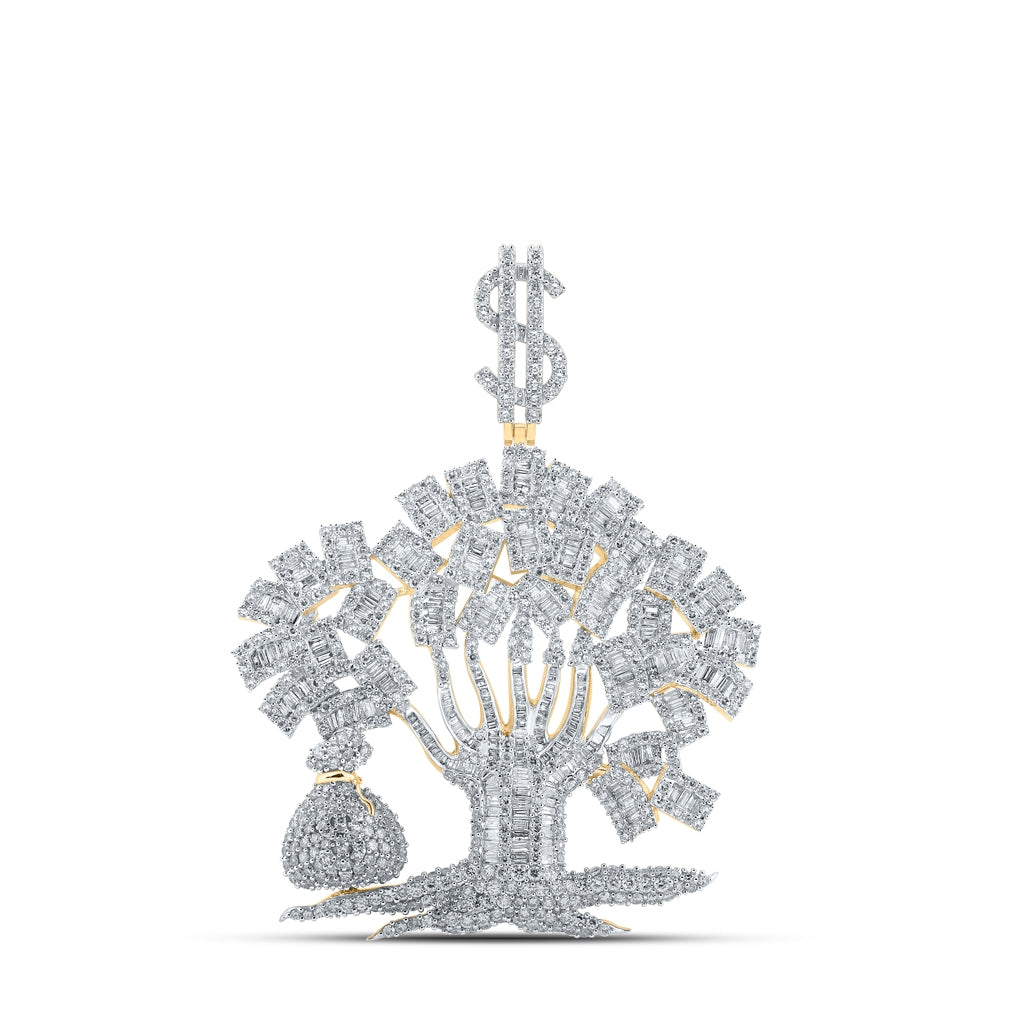 10K Yellow Gold Mens Baguette Diamond Money Tree Charm Pendant 6-1/2 Cttw