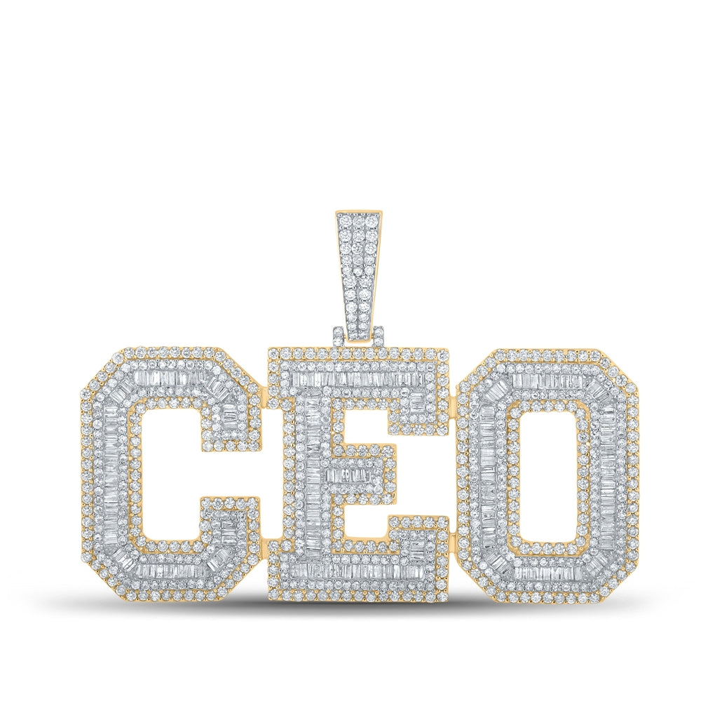 10K Yellow Gold Mens Baguette Diamond CEO Phrase Charm Pendant 6-3/4 Cttw, Length: 1.51 In, Width: 2.71 In