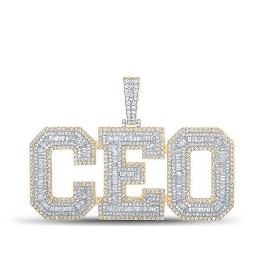 10K Yellow Gold Mens Baguette Diamond CEO Phrase Charm Pendant 6-3/4 Cttw, Length: 1.51 In, Width: 2.71 In