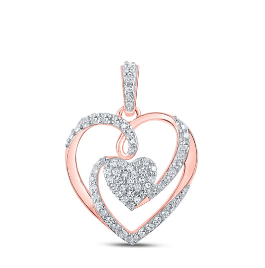 10K Rose Gold Womens Round Diamond Heart Pendant 1/4 Cttw, Length: 0.85 In, Width: 0.57 In