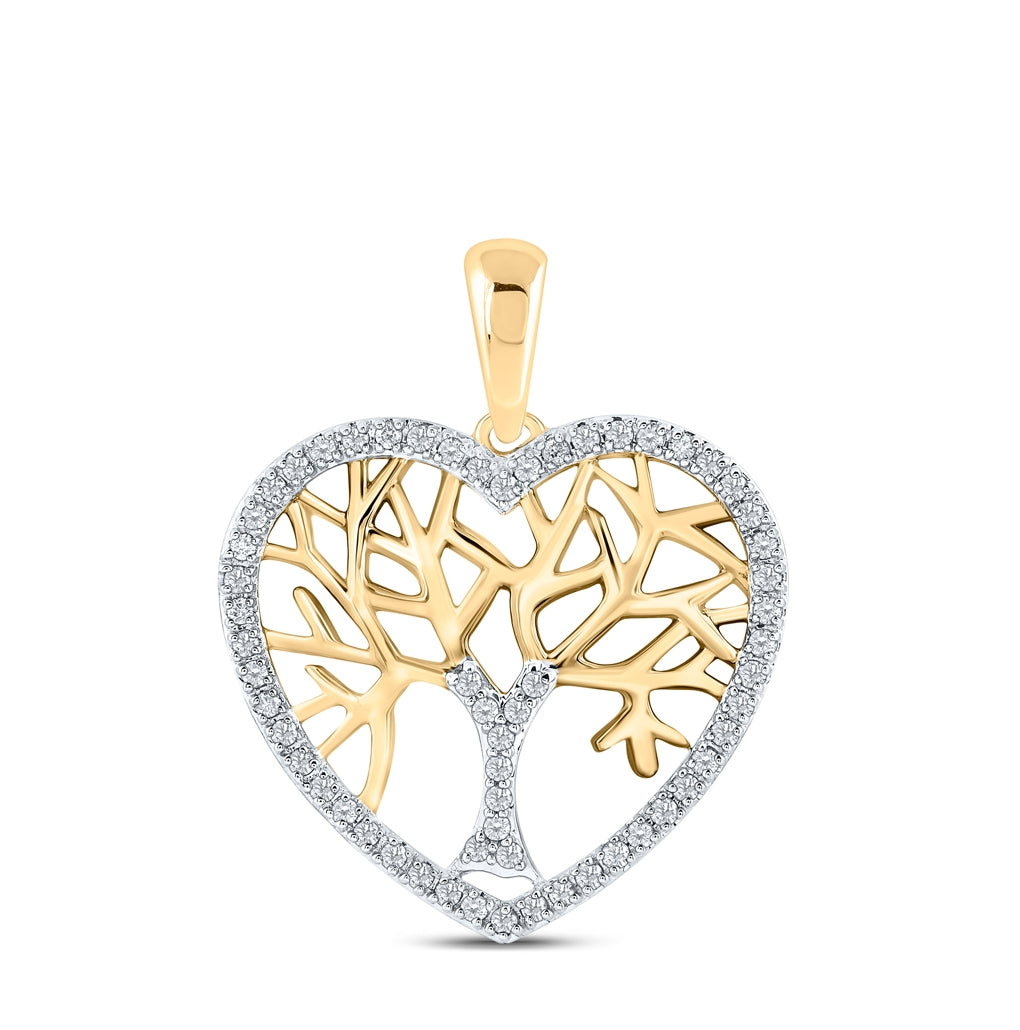 10K Yellow Gold Womens Round Diamond Tree of Life Heart Pendant 1/4 Cttw