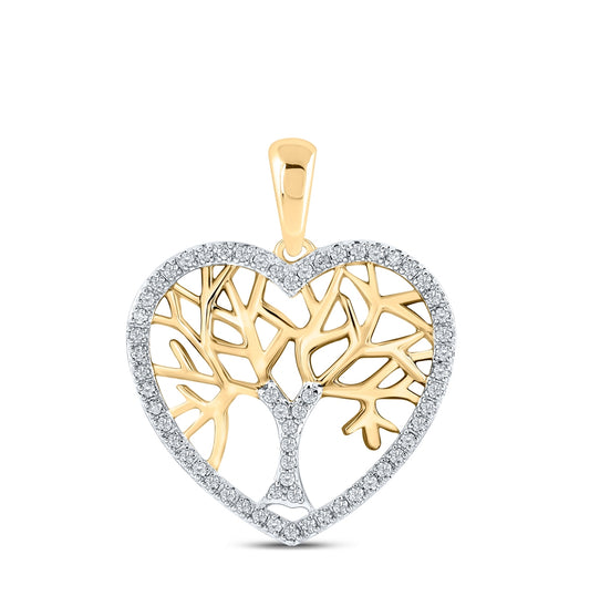 10K Yellow Gold Womens Round Diamond Tree of Life Heart Pendant 1/4 Cttw