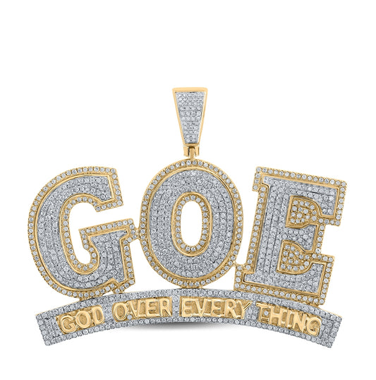 10K Yellow Gold Mens Round Diamond God Over Everything Phrase Charm Pendant 2-1/3 Cttw, Length: 1.97 In, Width: 2.36 In