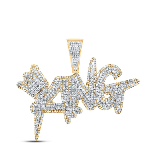 10K Two-tone Gold Mens Round Diamond King Crown Phrase Charm Pendant 2-1/2 Cttw, Length: 1.95 In