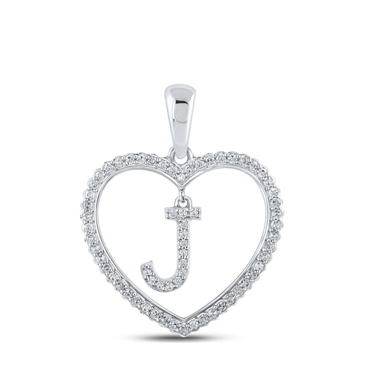 10K White Gold Womens Round Diamond Heart Letter Pendant