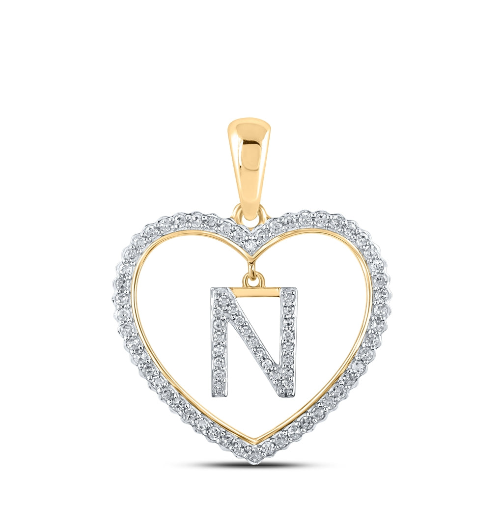 10K Yellow Gold Womens Round Diamond Heart Letter Pendant