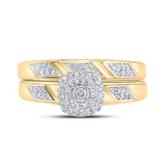 10K Yellow Gold Round Diamond Halo Bridal Wedding Ring Band Set 1/6ctw, Womens Size: 5-10