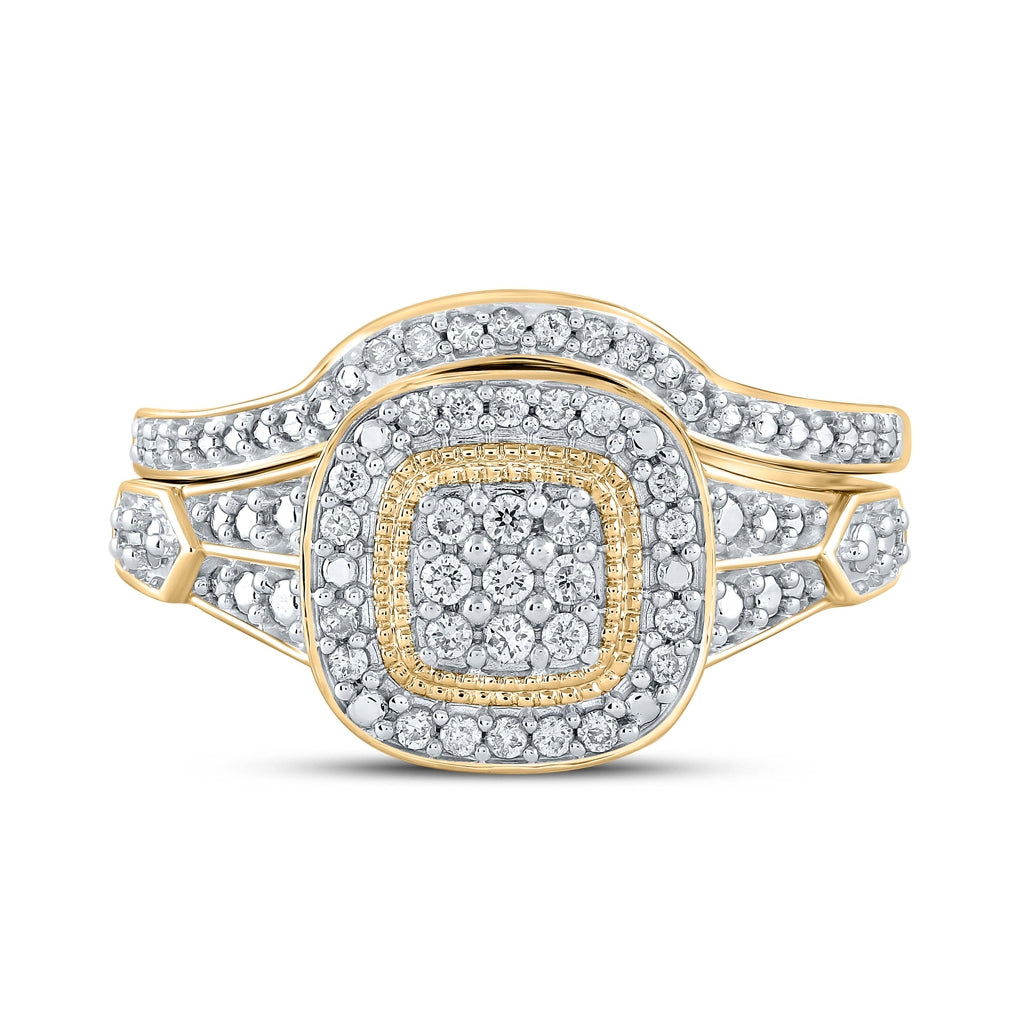 10K Yellow Gold Round Diamond Cluster Bridal Wedding Ring Band Set 1/5 Cttw, Womens Size: 5-10