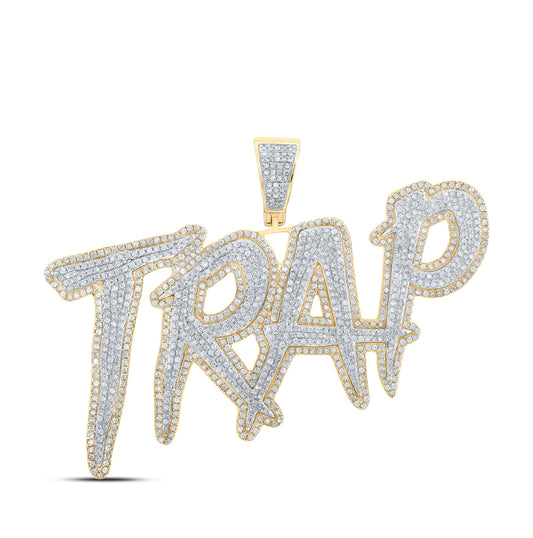10K Two-tone Gold Mens Round Diamond Trap Phrase Charm Pendant 3 Cttw, Length: 1.81 In, Width: 2.56 In