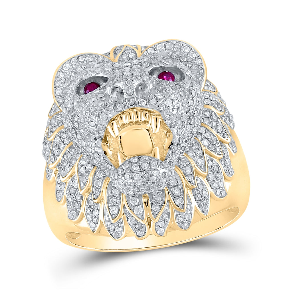 10K Yellow Gold Mens Round Diamond Lion Animal Ring 1-3/8 Cttw, Mens Size: 7-13