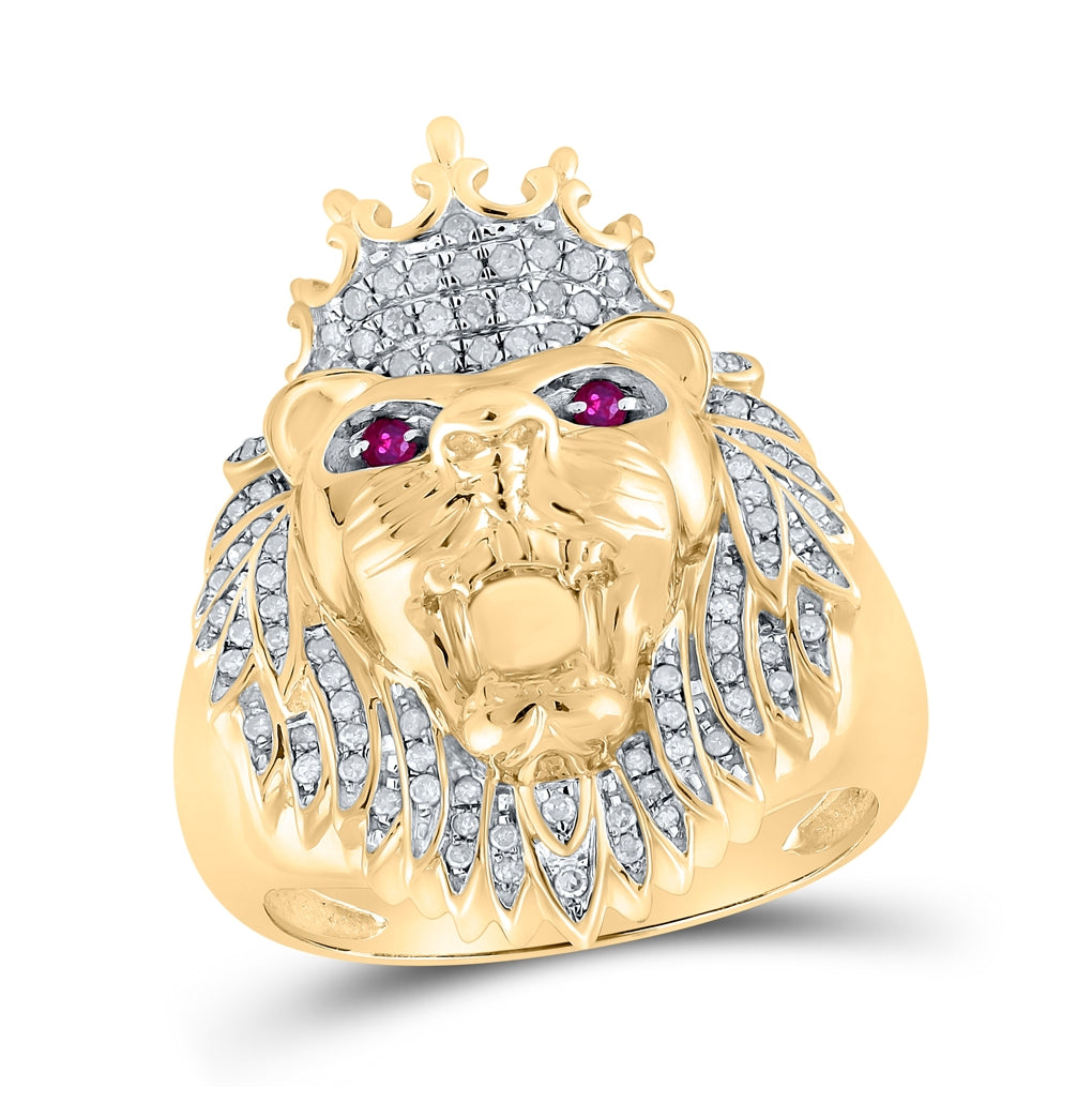 10K Yellow Gold Mens Round Diamond Lion Animal Ring 1/2 Cttw, Mens Size: 7-13