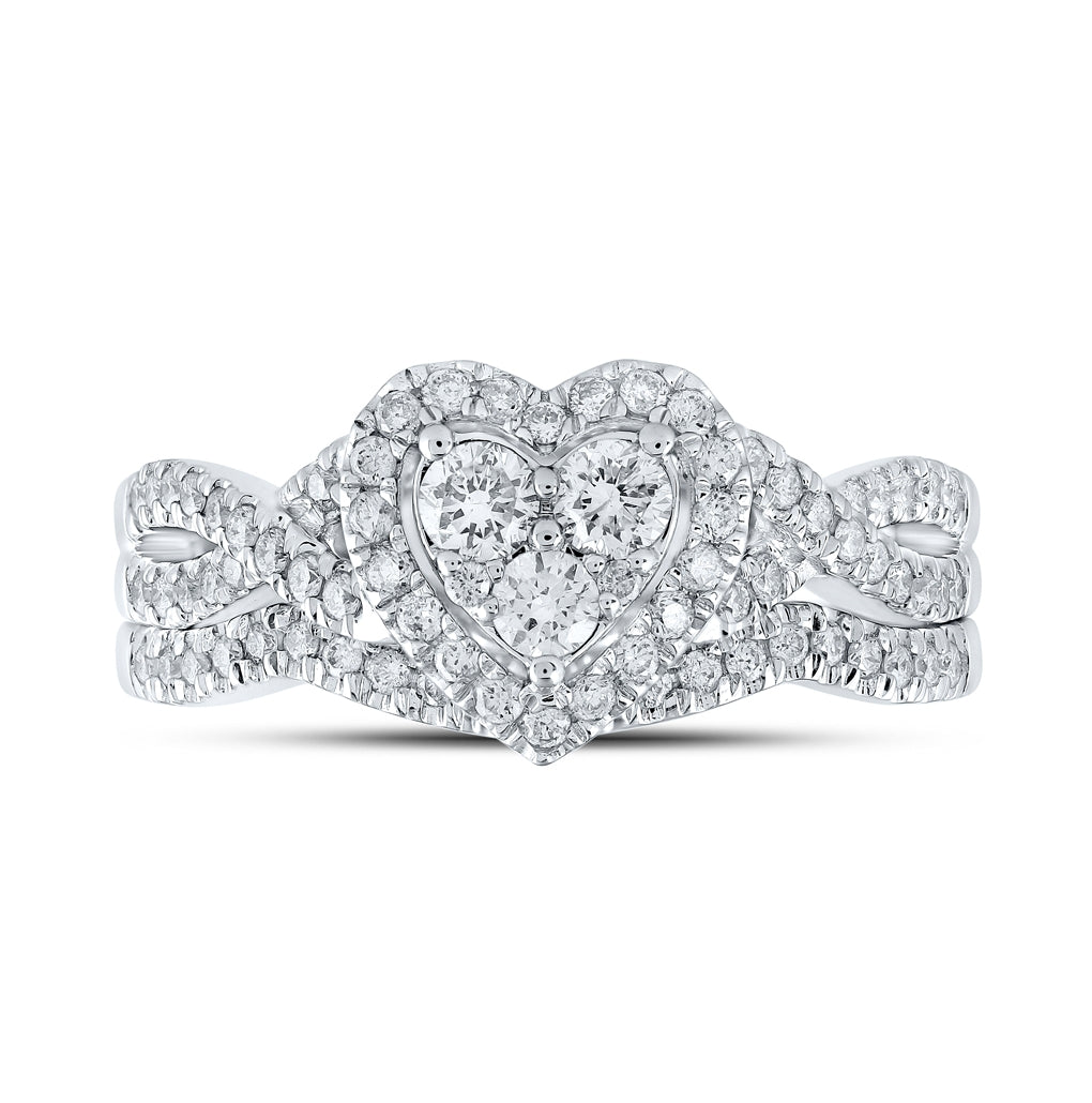 10K White Gold Round Diamond Heart Bridal Wedding Ring Band Set 5/8ctw, Womens Size: 5-10