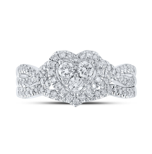 10K White Gold Round Diamond Heart Bridal Wedding Ring Band Set 5/8ctw, Womens Size: 5-10