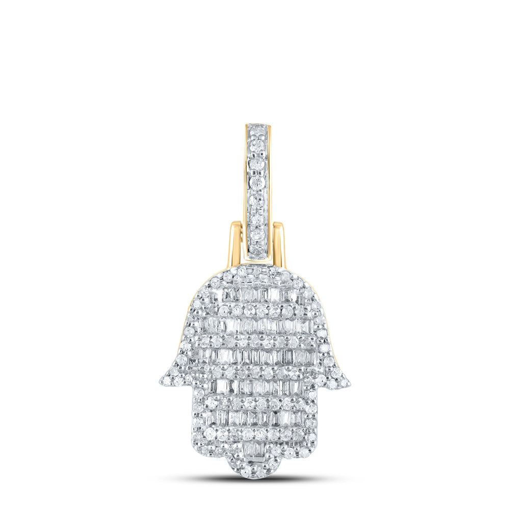10K Yellow Gold Mens Baguette Diamond Hamsa Charm Pendant 1/2 Cttw, Length: 0.96 In, Width: 0.56 In
