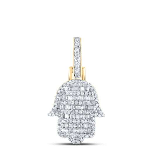 10K Yellow Gold Mens Baguette Diamond Hamsa Charm Pendant 1/2 Cttw, Length: 0.96 In, Width: 0.56 In