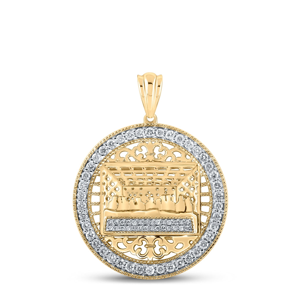 10K Yellow Gold Mens Round Diamond Last Supper Circle Charm Pendant 3/4 Cttw
