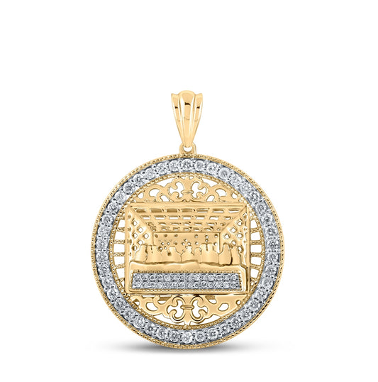 10K Yellow Gold Mens Round Diamond Last Supper Circle Charm Pendant 3/4 Cttw