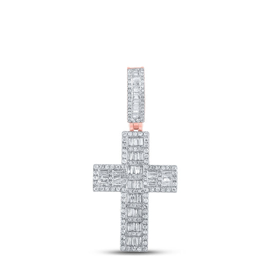 10K Rose Gold Mens Baguette Diamond Cross Charm Pendant 1-5/8 Cttw
