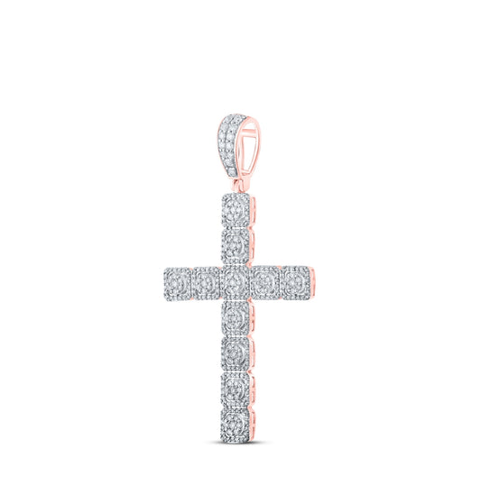 10K Rose Gold Mens Round Diamond Cross Charm Pendant 1-1/2 Cttw