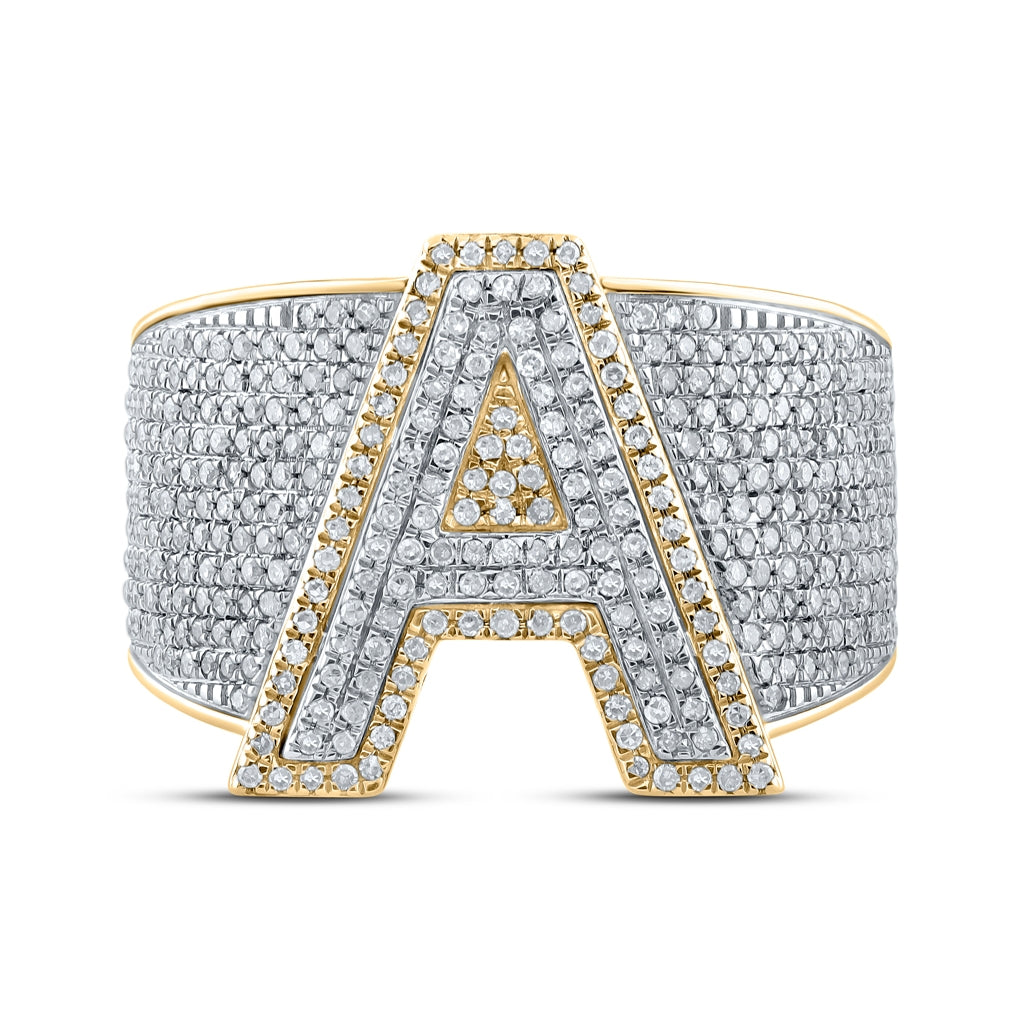 10K Two-tone Gold Mens Round Diamond Initial Letter Ring, Mens Size: 7-13